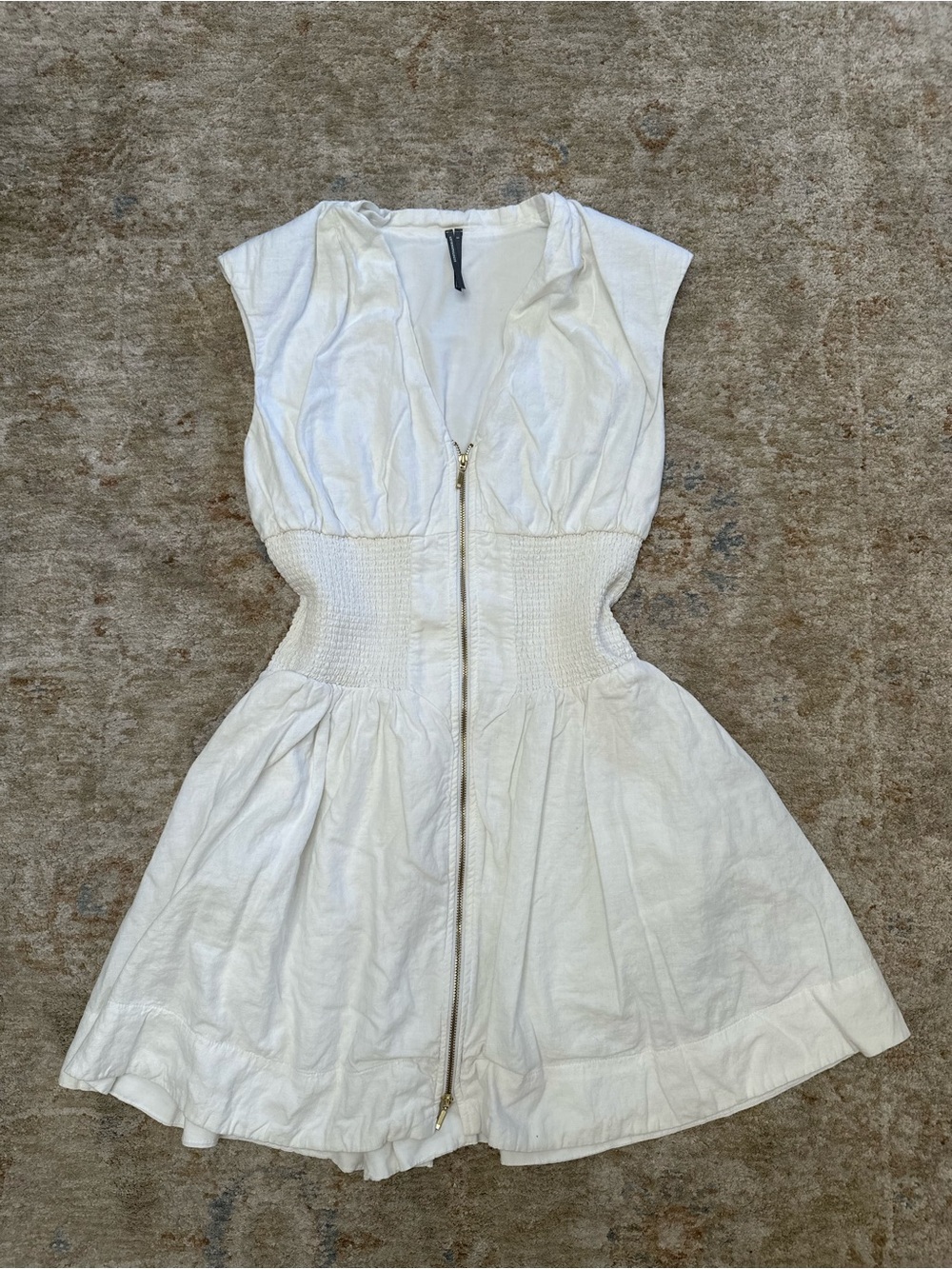 Anthropologie Cream Zip-Front Smocked Waist Mini Dress